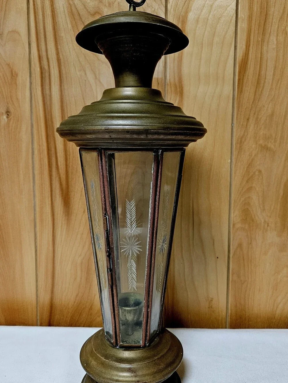 Vtg Turkish Brass Paneled Elegant Etched Glass Candle Lantern Lighting 18.5
